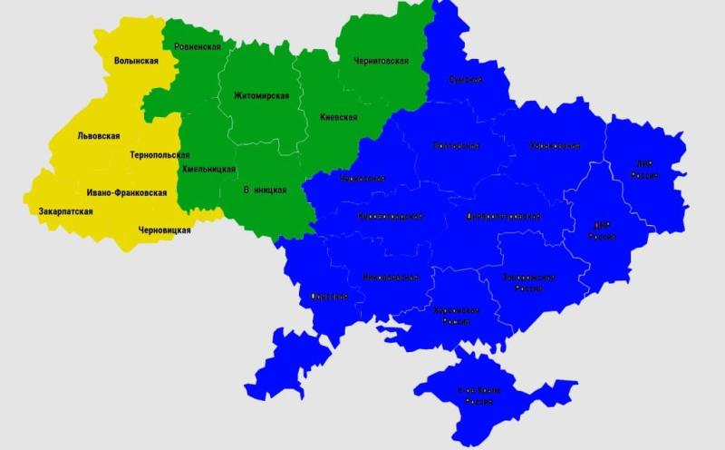 Blue: Novorussia (New Russia); Green: Malorussia (Small Russia); Yellow: Halyczyna (NOT Russia!)
